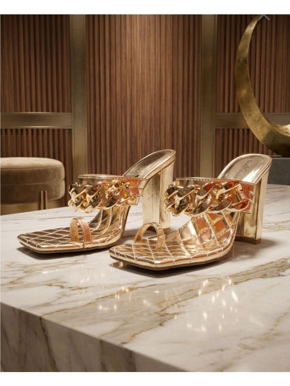 Gold Block Heel Chain Quilted Open Toe Mules For Women By Lovmark - Picture 9 of 14